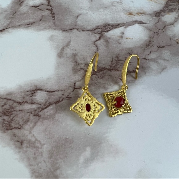 Dainty Red and Gold Natural Stone Earrings - Picture 4 of 5